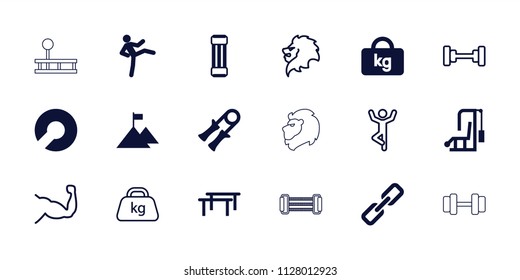 Strength icon. collection of 18 strength filled and outline icons such as flag on mountain, lion, barbell, expander sport. editable strength icons for web and mobile.