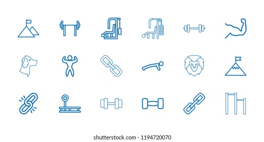 Strength icon. collection of 18 strength outline icons such as chain, fitness equipment, man doing exercises, barbell. editable strength icons for web and mobile.