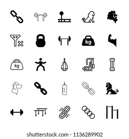 Strength icon. collection of 25 strength filled and outline icons such as barbell, weight, link, lion, fitness equipment. editable strength icons for web and mobile.