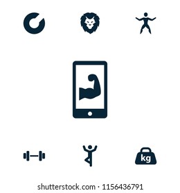 Strength icon. collection of 7 strength filled icons such as weight, muscular arm  on phone, expander sport, man doing exercises. editable strength icons for web and mobile.