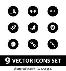Strength icon. collection of 9 strength filled icons such as lion, barbell, link, sport expander, man doing exercises. editable strength icons for web and mobile.