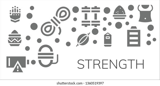 strength icon set. 11 filled strength icons.  Simple modern icons about  - Gauntlet, Rope, Powder, Punching bag, Empty battery, Weights, Full battery, Abs