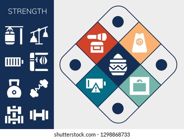  strength icon set. 13 filled strength icons. Simple modern icons about  - Powder, Dumbbell, Weight, Barbell, Full battery, Punching bag, Weights, Superhero, Empty battery