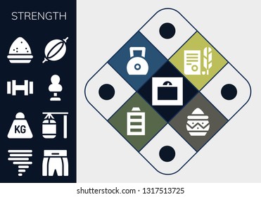 strength icon set. 13 filled strength icons.  Simple modern icons about  - Weight, Tornado, Boxing shorts, Punching bag, Dumbbell, Powder, Independence, Full battery