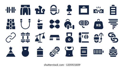 strength icon set. 32 filled strength icons. on blue background style Simple modern icons about  - Dumbbell, Hyperlink, Peak, Boxing shorts, Rope, Weights, Bench press, Powder