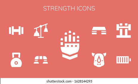 strength icon set. 9 filled strength icons. Included Gauntlet, Push up, Weights, Weight, Dumbbell, Full battery, Barbell, Rhino, Fitness step icons