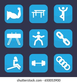 Strength icon. set of 9 filled strength icons such as muscle, chain, barbell, link, fintess equipment, horizontal bar