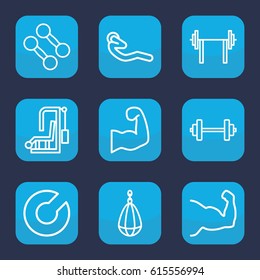 Strength icon. set of 9 outline strength icons such as abdoninal workout, muscular arm, barbell, dumbbell, expander sport, muscle arm, gym equipment