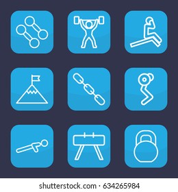 Strength icon. set of 9 outline strength icons such as push up, barbell, chain, power lifter, flag on mountain, dumbbell, fintess equipment