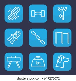Strength icon. set of 9 outline strength icons such as chain, weight, barbell, wolf, sport expander, horizontal bar, fintess equipment