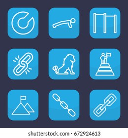 Strength icon. set of 9 outline strength icons such as lion, chain, man at the top of the mountain with flag, flag on mountain, expander sport, horizontal bar