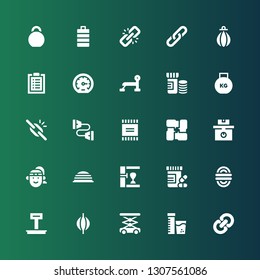 strength icon set. Collection of 25 filled strength icons included Link, Vitamins, Lift, Punching bag, Weight, Rope, Bosu ball, Athlete, Arms, Powder, Chest expander, Broken link