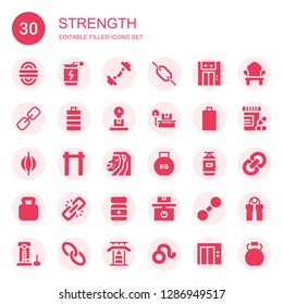 strength icon set. Collection of 30 filled strength icons included Rope, Energy drink, Dumbbell, Link, Lift, Full battery, Weight, Empty battery, Punching bag, Pull up, Lion, Kettlebell