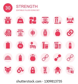strength icon set. Collection of 30 filled strength icons included Weight, Arms, Lift, Strength, Lion, Gym bars, Punching bag, Kettlebell, Empty battery, Weightlifting, Vitamins