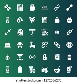 strength icon set. Collection of 36 filled strength icons included Energy drink, Punch, Fist, Vitamins, Empty battery, Punching bag, Full battery, Powder, Insecure, Chest expander