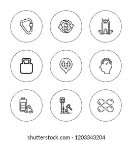 Strength icon set. collection of 9 outline strength icons with battery, cape, carabiner, dumbbell icons. editable icons.