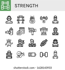 strength icon set. Collection of Weightlifting, Sumo, Bench press, Kettlebell, Dumbbell, Swimmer, Punching bag, Vitamins, Super, Taekwondo, Strong, Weighlifter, Knot, Muay thai icons