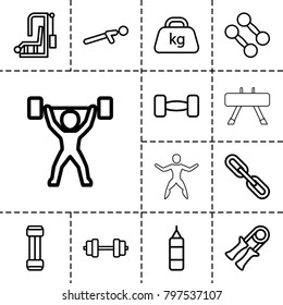 Strength icons. set of 13 editable outline strength icons such as barbell, dumbbell, expander sport, sport expander, boxing bag, gym equipment, push up, weight, chain