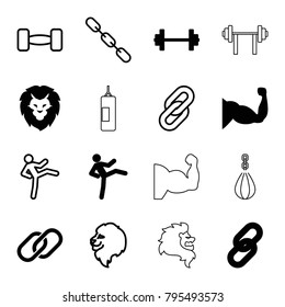 Strength icons. set of 16 editable filled and outline strength icons such as barbell, man doing exercises, muscle, link, lion, chain, boxing bag