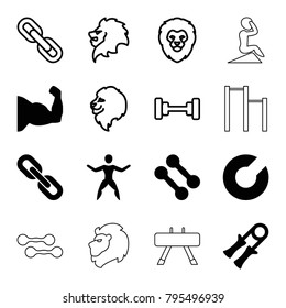 Strength icons. set of 16 editable filled and outline strength icons such as dumbbell, sport expander, expander sport, muscle arm, chain, lion, barbell, man doing exercises