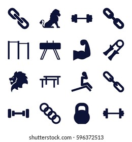 strength icons set. Set of 16 strength filled icons such as lion, barbell, chain, muscular arm, link, sport expander, horizontal bar, fintess equipment