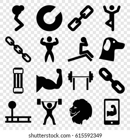 Strength icons set. set of 16 strength filled icons such as lion, muscle, chain, bodybuilder, muscular arm  on phone, power lifter, wolf, link, expander sport