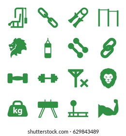 Strength icons set. set of 16 strength filled icons such as lion, muscle, weight, chain, barbell, barbell   isolated, no signal, link, dumbbell, sport expander, horizontal bar
