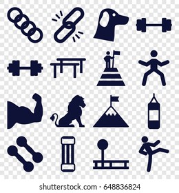 Strength icons set. set of 16 strength filled icons such as lion, barbell   isolated, chain, man at the top of the mountain with flag, flag on mountain, barbell, wolf