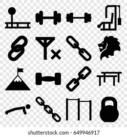 Strength icons set. set of 16 strength filled icons such as lion, barbell, chain, no signal, flag on mountain, link, horizontal bar, fintess equipment, man doing exercises