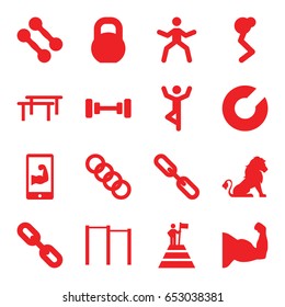 Strength icons set. set of 16 strength filled icons such as lion, barbell, chain, muscular arm  on phone, man at the top of the mountain with flag, link, dumbbell