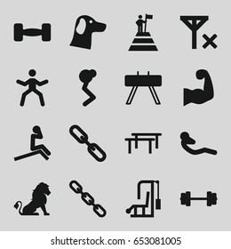 Strength icons set. set of 16 strength filled icons such as lion, abdoninal workout, chain, barbell, muscular arm, no signal, man at the top of the mountain with flag, wolf