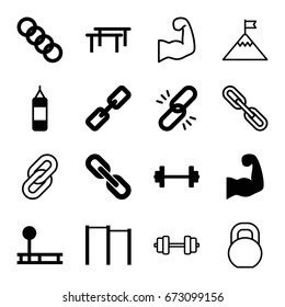 Strength icons set. set of 16 strength filled and outline icons such as muscular arm, chain, barbell, flag on mountain, horizontal bar, fintess equipment, boxing bag