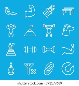 strength icons set. Set of 16 strength outline icons such as barbell, muscle, abdoninal workout, no signal, bodybuilder, muscular arm, power lifter