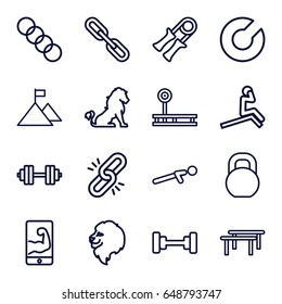 Strength icons set. set of 16 strength outline icons such as lion, barbell, push up, chain, muscular arm  on phone, barbell   isolated, flag on mountain, sport expander