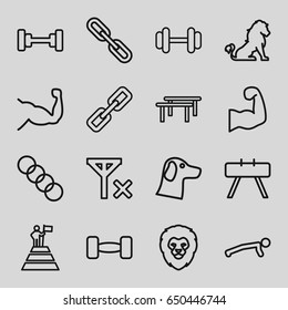 Strength icons set. set of 16 strength outline icons such as lion, barbell, muscle, chain, no signal, muscular arm, man at the top of the mountain with flag, wolf