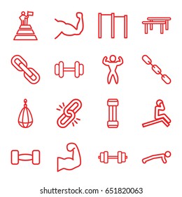 Strength icons set. set of 16 strength outline icons such as barbell, muscle, chain, bodybuilder, muscular arm, man at the top of the mountain with flag, expander sport