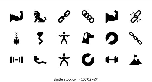 Strength icons. set of 18 editable filled strength icons: chain, wolf, expander sport, muscle arm, man doing exercises, barbell, muscle, abdoninal workout, flag on mountain