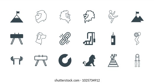 Strength icons. set of 18 editable filled and outline strength icons: lion, expander sport, fintess equipment, gym equipment, flag on mountain, chain