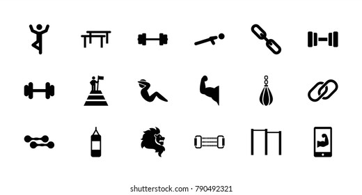 Strength icons. set of 18 editable filled strength icons: barbell, horizontal bar, boxing bag, man doing exercises, push up, chain, muscular arm  on phone