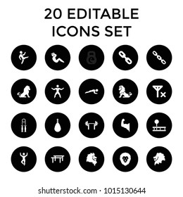 Strength icons. set of 20 editable filled strength icons such as lion, horizontal bar, boxing bag, chain, link, no signal. best quality strength elements in trendy style.