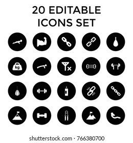 Strength icons. set of 20 editable filled strength icons such as chain, muscle arm, man doing exercises, boxing bag, abdoninal workout, weight, link, barbell, flag on mountain