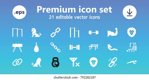 Strength icons. set of 21 editable filled strength icons includes lion, barbell, chain, horizontal bar, fintess equipment, boxing bag, muscle, abdoninal workout, no signal
