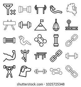 Strength icons. set of 25 editable outline strength icons such as chain, wolf, dumbbell, expander sport, fintess equipment, horizontal bar, man doing exercises, barbell