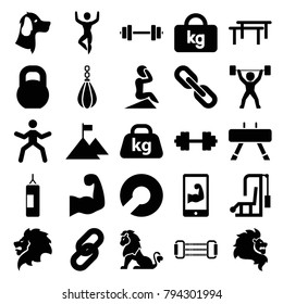 Strength icons. set of 25 editable filled strength icons such as lion, horizontal bar, man doing exercises, gym equipment, barbell, weight, link, muscular arm  on phone