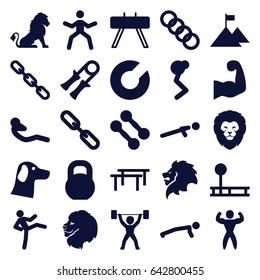Strength icons set. set of 25 strength filled icons such as lion, push up, abdoninal workout, barbell, chain, bodybuilder, muscular arm, power lifter, flag on mountain, wolf