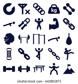 Strength icons set. set of 25 strength filled icons such as lion, barbell, push up, chain, weight, bodybuilder, muscular arm, no signal, flag on mountain, link, dumbbell