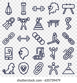 Strength icons set. set of 25 strength outline icons such as lion, chain, muscular arm  on phone, power lifter, man at the top of the mountain with flag, flag on mountain