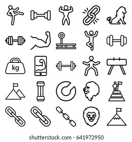 Strength icons set. set of 25 strength outline icons such as lion, barbell, muscle, chain, weight, bodybuilder, muscular arm  on phone, barbell   isolated