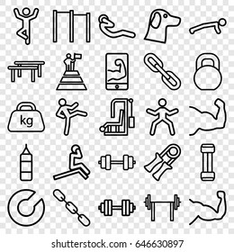 Strength icons set. set of 25 strength outline icons such as muscle, abdoninal workout, barbell, chain, weight, muscular arm  on phone, barbell   isolated