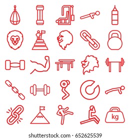 Strength icons set. set of 25 strength outline icons such as lion, barbell, muscle, push up, chain, weight, man at the top of the mountain with flag, flag on mountain